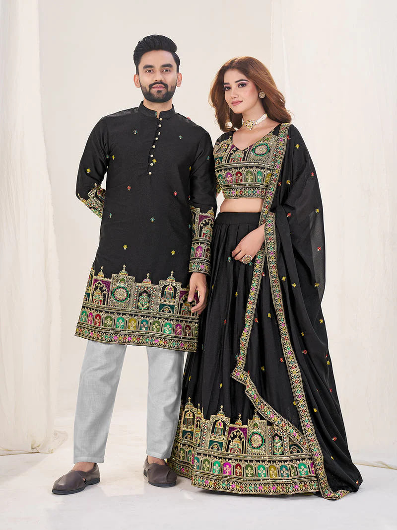 BLACK EMBROIDERED LEHENGA CHOLI WITH MATCHING MEN'S KURTA COMBO SET