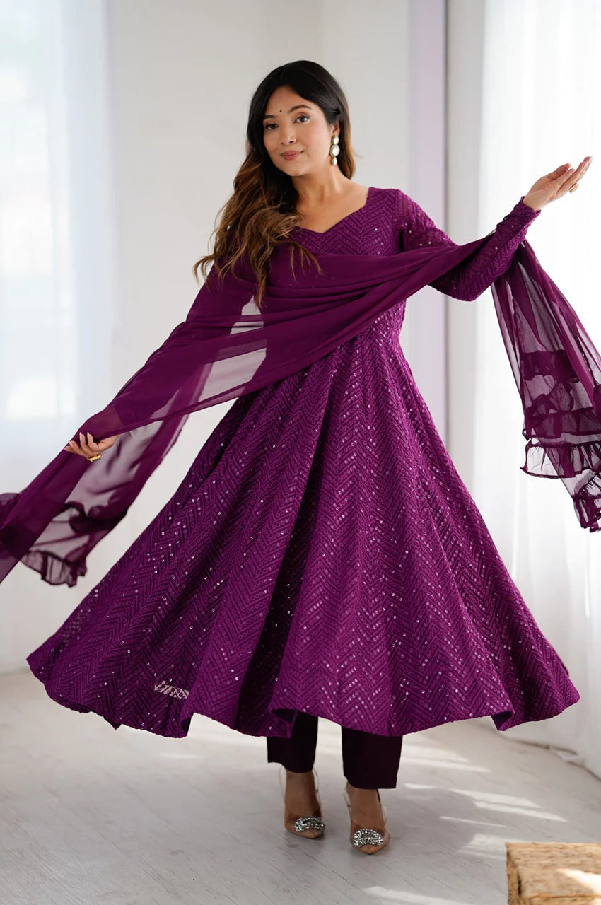 WINE COLOR LUCKNOWI WORK ANARKALI SUIT