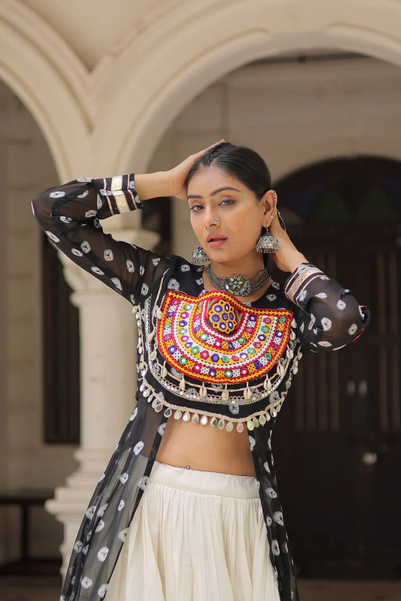 NAVRATRI SPECIAL BLACK COLOR KORA COTTON BASE STYLISH KURTI WITH LEHENGA