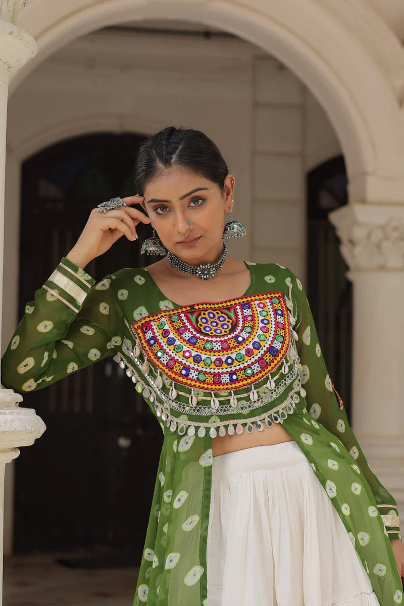 NAVRATRI SPECIAL GREEN COLOR KORA COTTON BASE STYLISH KURTI WITH LEHENGA