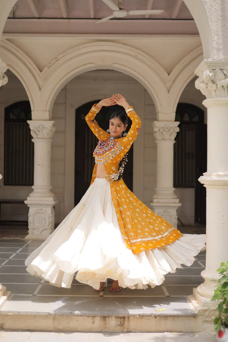 NAVRATRI SPECIAL YELLOW COLOR KORA COTTON BASE STYLISH KURTI WITH LEHENGA
