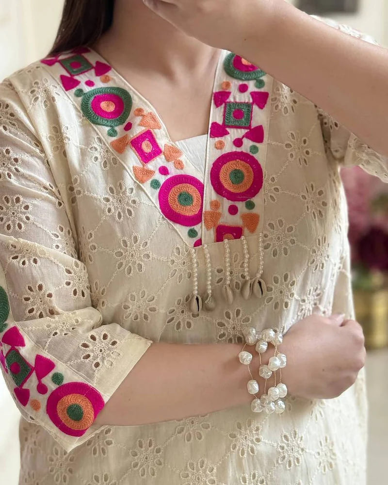 PURE KHADI COTTON SCIFFLI EMBROIDERED WORK CO-ORD SET