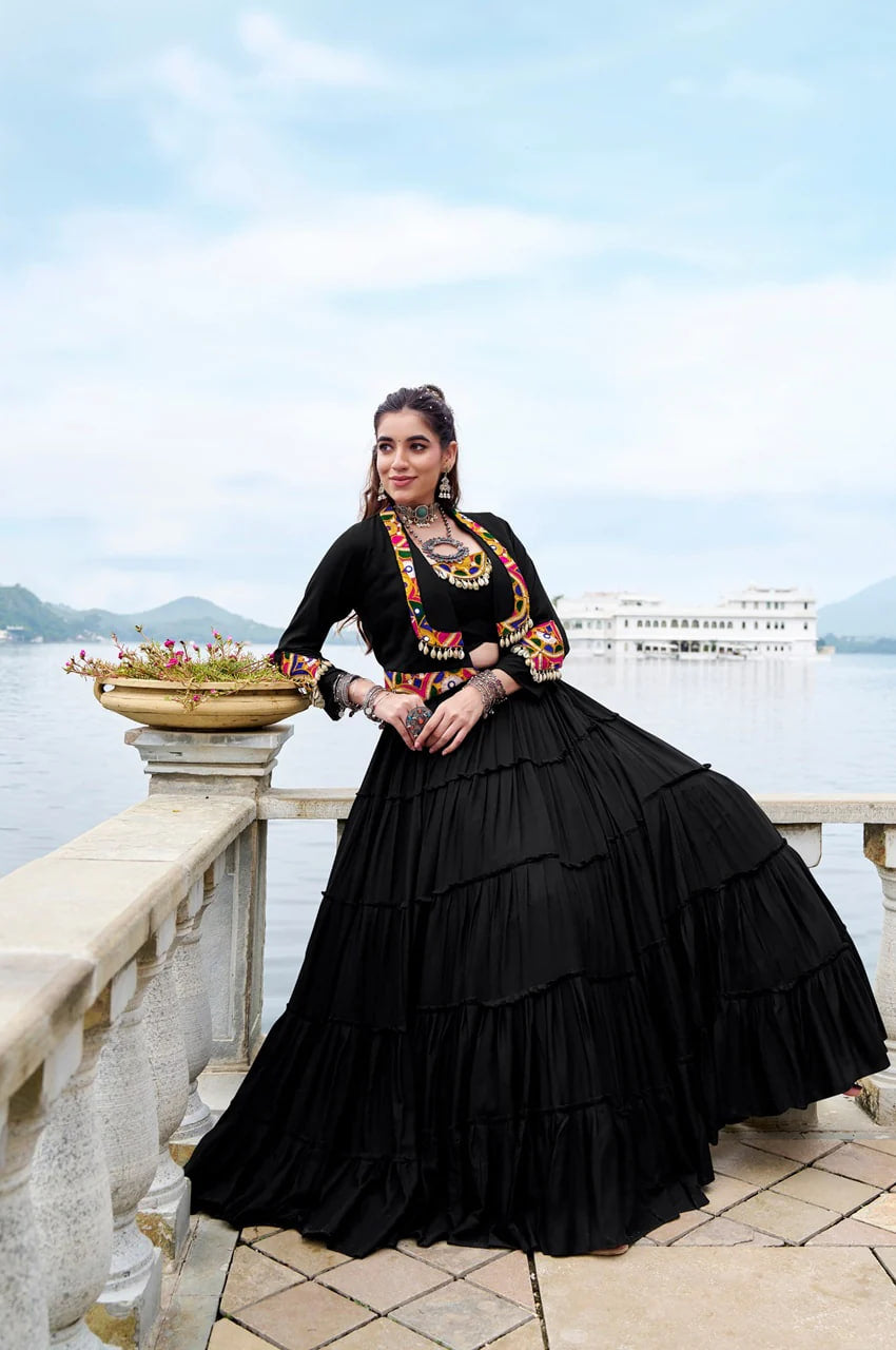 BLACK TRADITIONAL CHANIYA CHOLI WITH MIRROR WORK KOTI