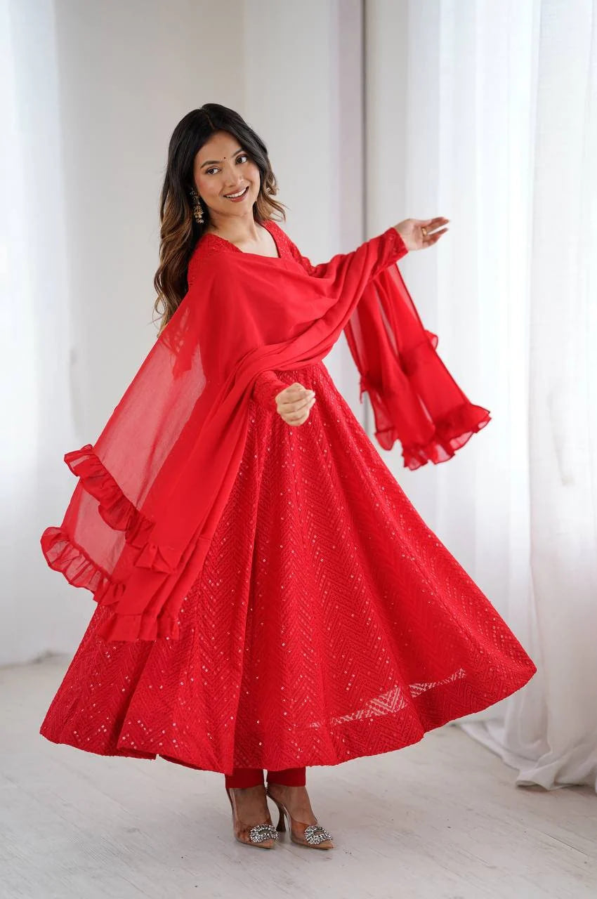 RED COLOR LUCKNOWI WORK ANARKALI SUIT WITH RUFFLE DUPATTA