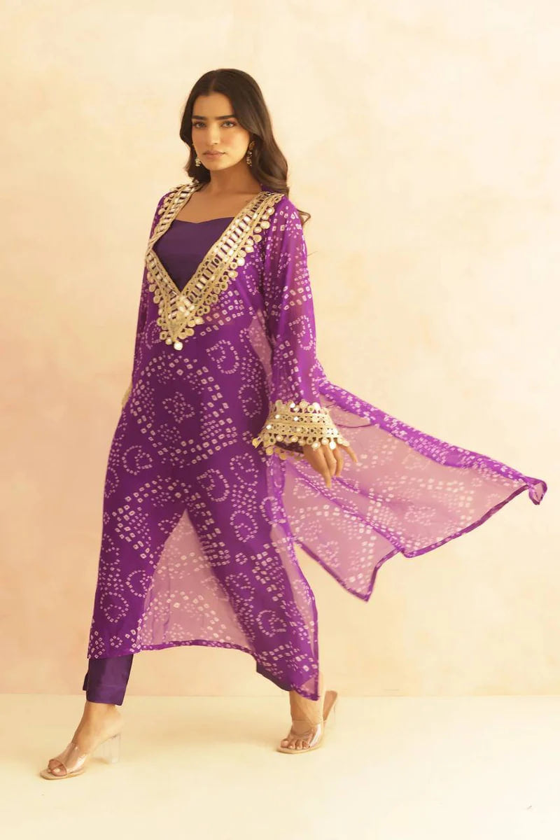 BANDHEJ PRINT MIRROR LACE WORK FUSION KURTI STYLE CO-ORD SET – TRENDY ETHNIC WEAR