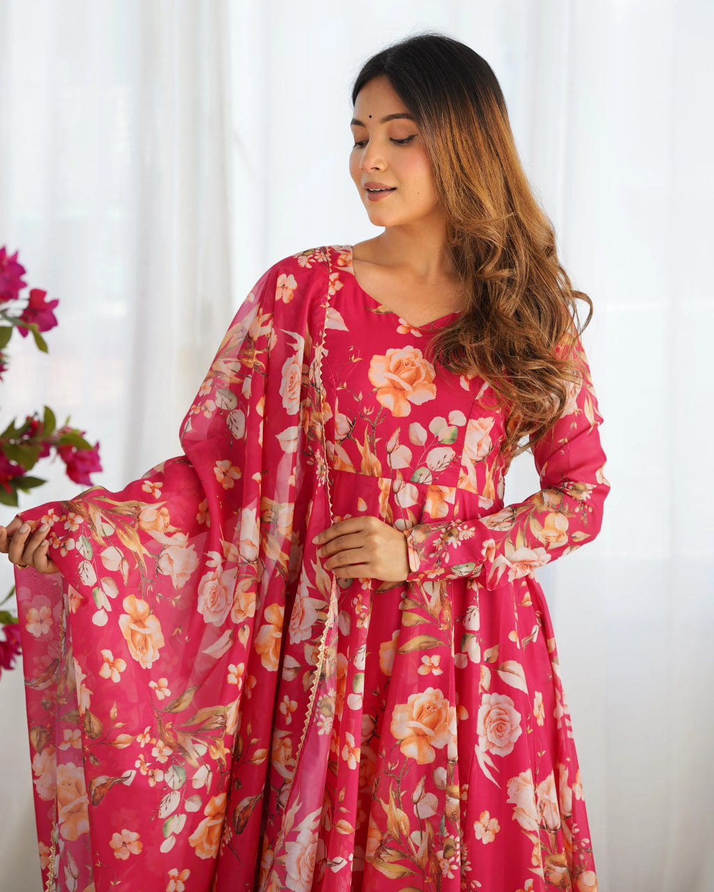 PINK PURE SOFT ORGANZA ANARKALI SUIT SET WITH HUGE FLAIR, DUPATTA & PANT