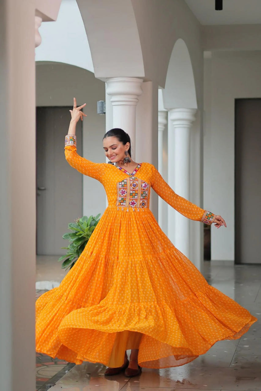 NAVRATRI SPECIAL ORANGE BANDHANI PRINT 12 METER FLARED GOWN