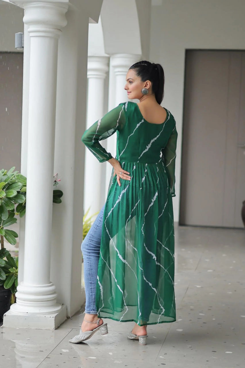 GREEN LEHERIYA NAVRATRI KURTI WITH