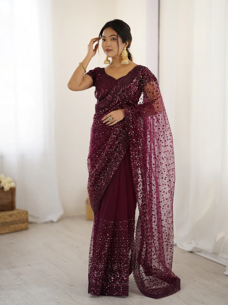 MAROON SOFT NET BEAUTIFUL DESIGNER SAREE