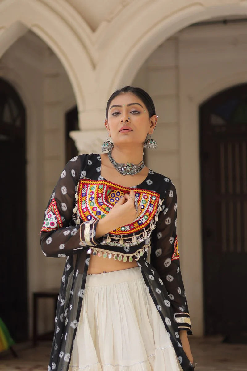 NAVRATRI SPECIAL BLACK COLOR KORA COTTON BASE STYLISH KURTI WITH LEHENGA
