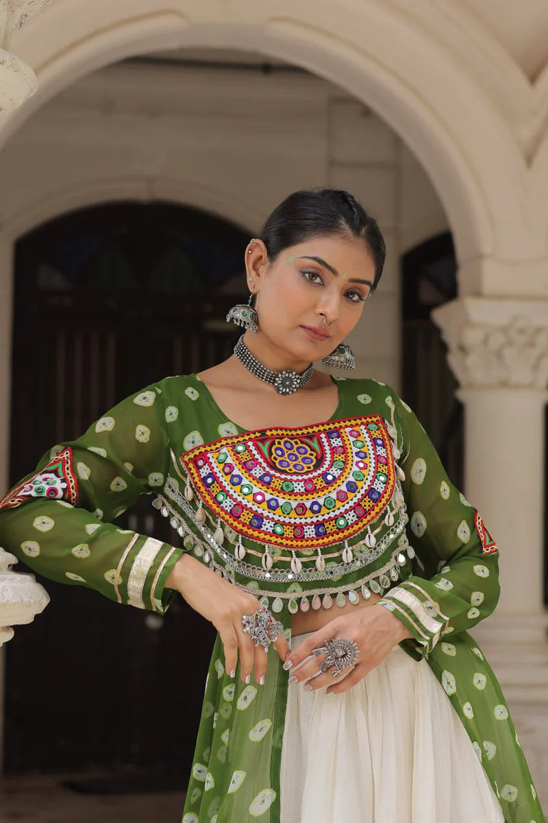 NAVRATRI SPECIAL GREEN COLOR KORA COTTON BASE STYLISH KURTI WITH LEHENGA
