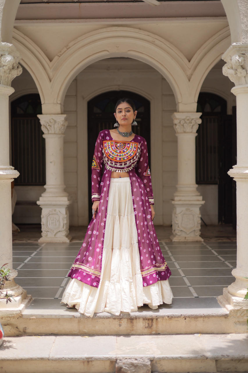 NAVRATRI SPECIAL PURPLE COLOR KORA COTTON BASE STYLISH KURTI WITH LEHENGA