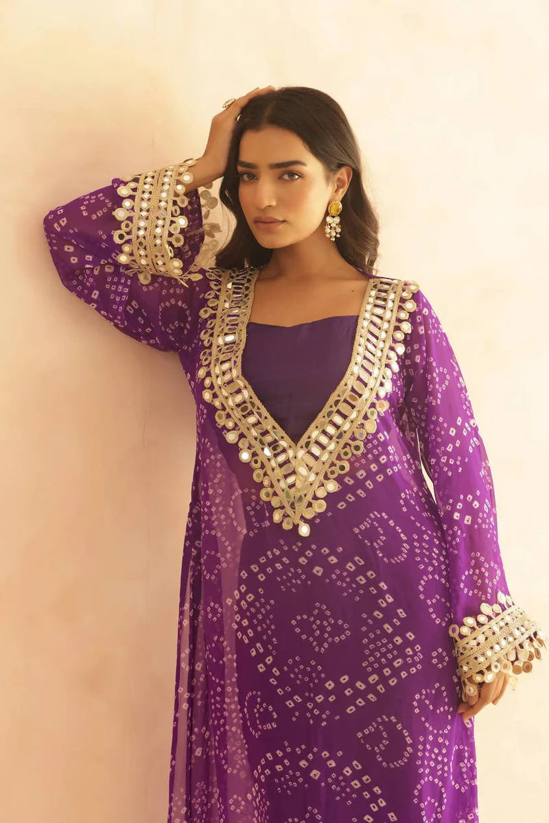 BANDHEJ PRINT MIRROR LACE WORK FUSION KURTI STYLE CO-ORD SET – TRENDY ETHNIC WEAR