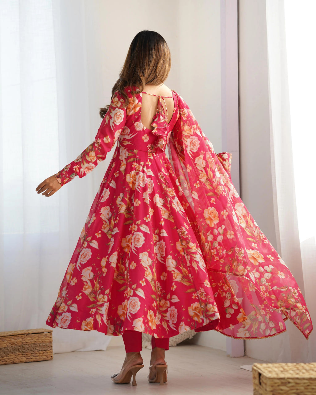 PINK PURE SOFT ORGANZA ANARKALI SUIT SET WITH HUGE FLAIR, DUPATTA & PANT