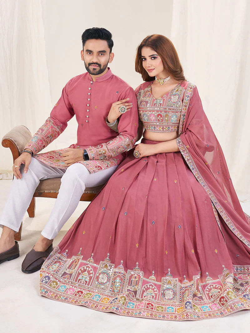 PINK EMBROIDERED LEHENGA CHOLI MATCHING MEN'S KURTA SET COMBO
