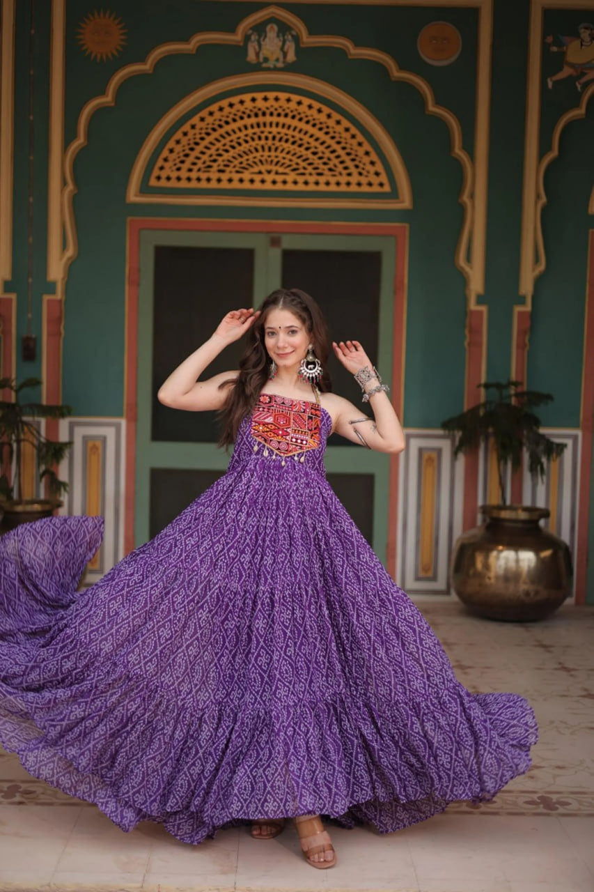 BLUE BANDHANI PRINT 12-METER FLARED GOWN