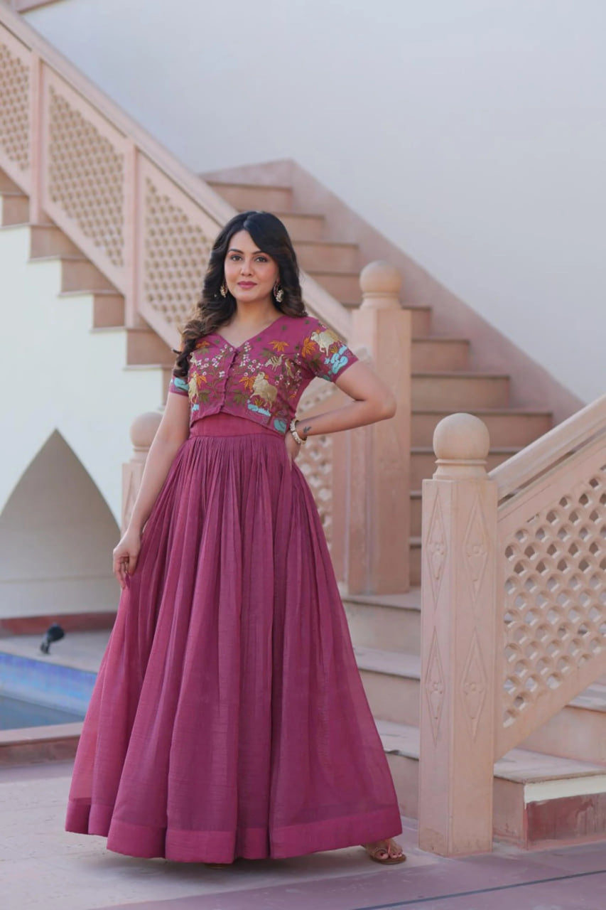 RUBY COLOR JACKET STYLE SOUTH INDIAN GOWN SET
