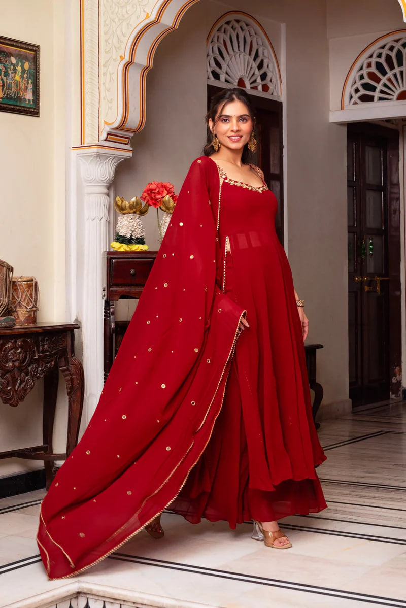 REDDISH MAROON COLOR HAND WORK NECK ANARKALI SUIT SET OF 3