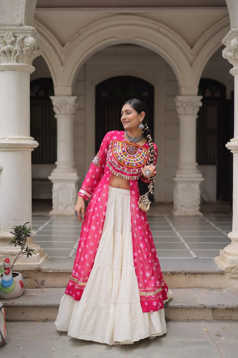 NAVRATRI SPECIAL PINK COLOR KORA COTTON BASE STYLISH KURTI WITH LEHENGA