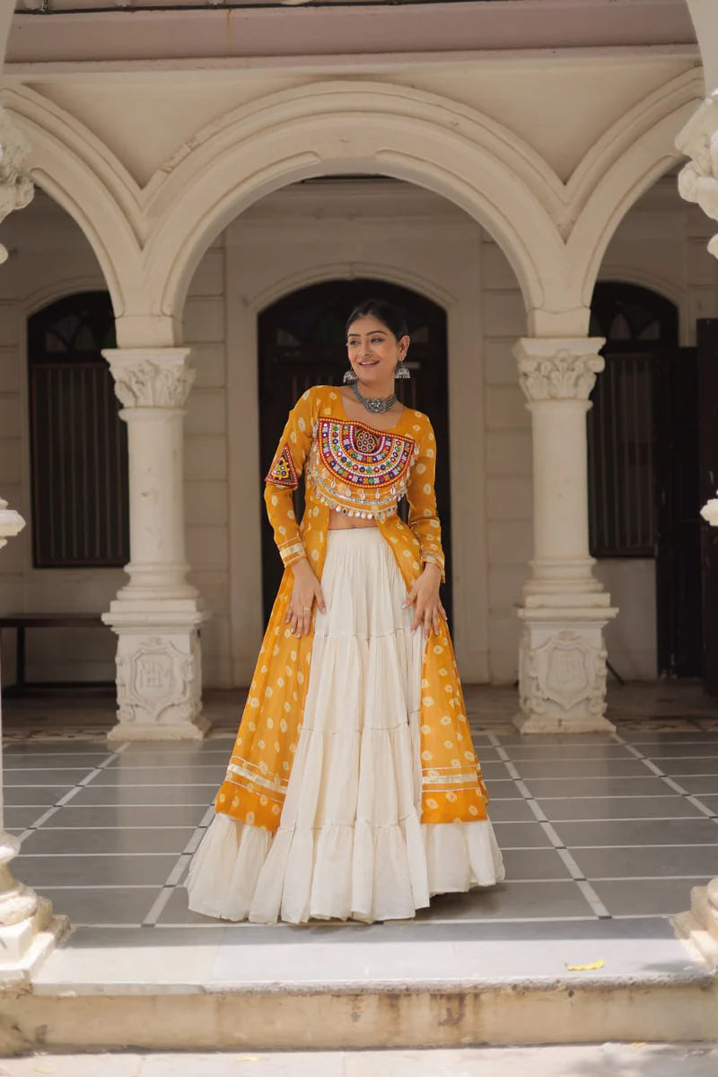 NAVRATRI SPECIAL YELLOW COLOR KORA COTTON BASE STYLISH KURTI WITH LEHENGA