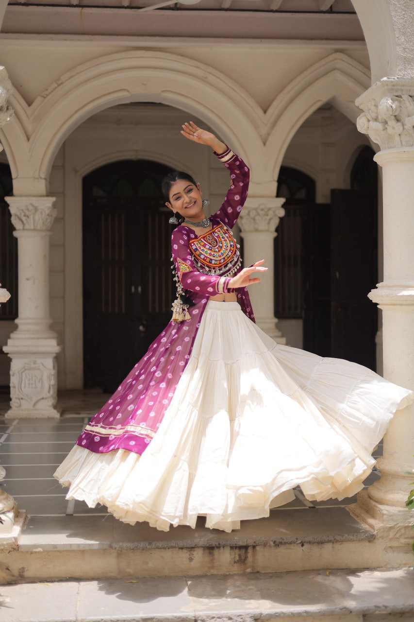 NAVRATRI SPECIAL PURPLE COLOR KORA COTTON BASE STYLISH KURTI WITH LEHENGA