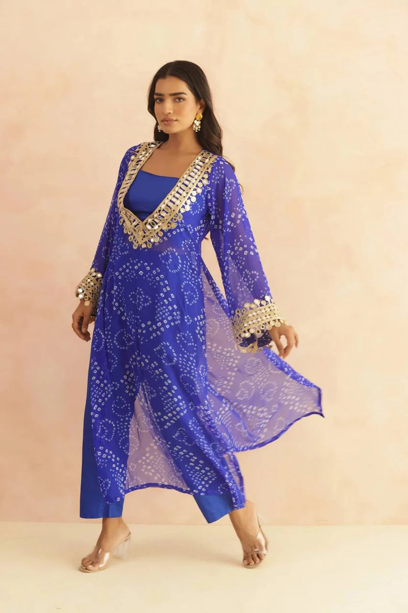 BANDHEJ PRINT MIRROR LACE WORK FUSION KURTI STYLE CO-ORD SET – TRENDY ETHNIC WEAR