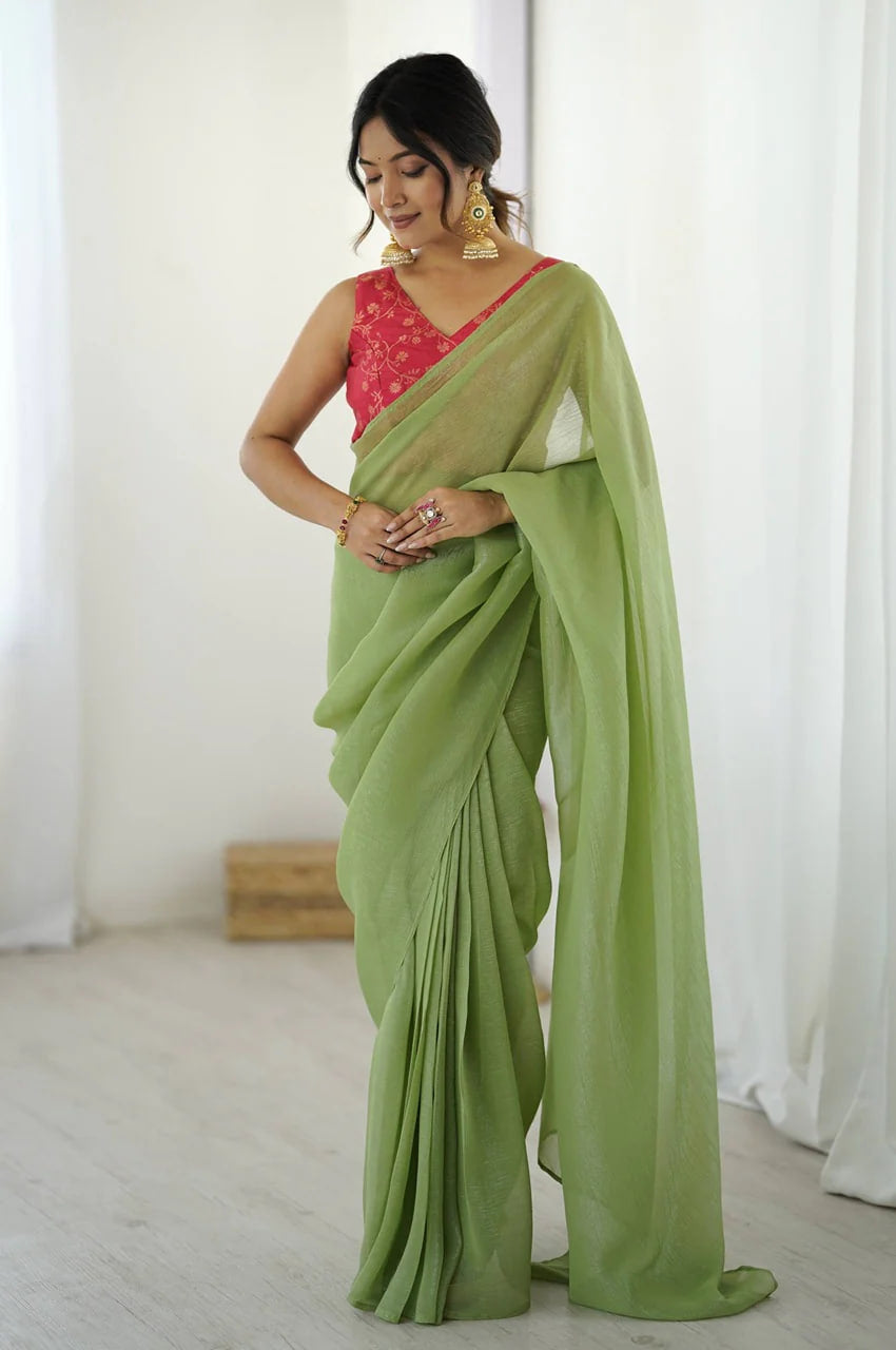 GRACEFUL MOSS GREEN SPARKLE SILK READY-TO-WEAR SAREE