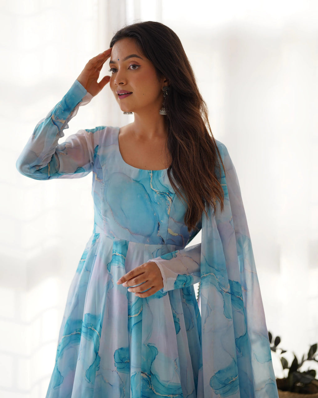 SKY PURE SOFT ORGANZA ANARKALI SUIT SET WITH HUGE FLAIR, DUPATTA & PANT