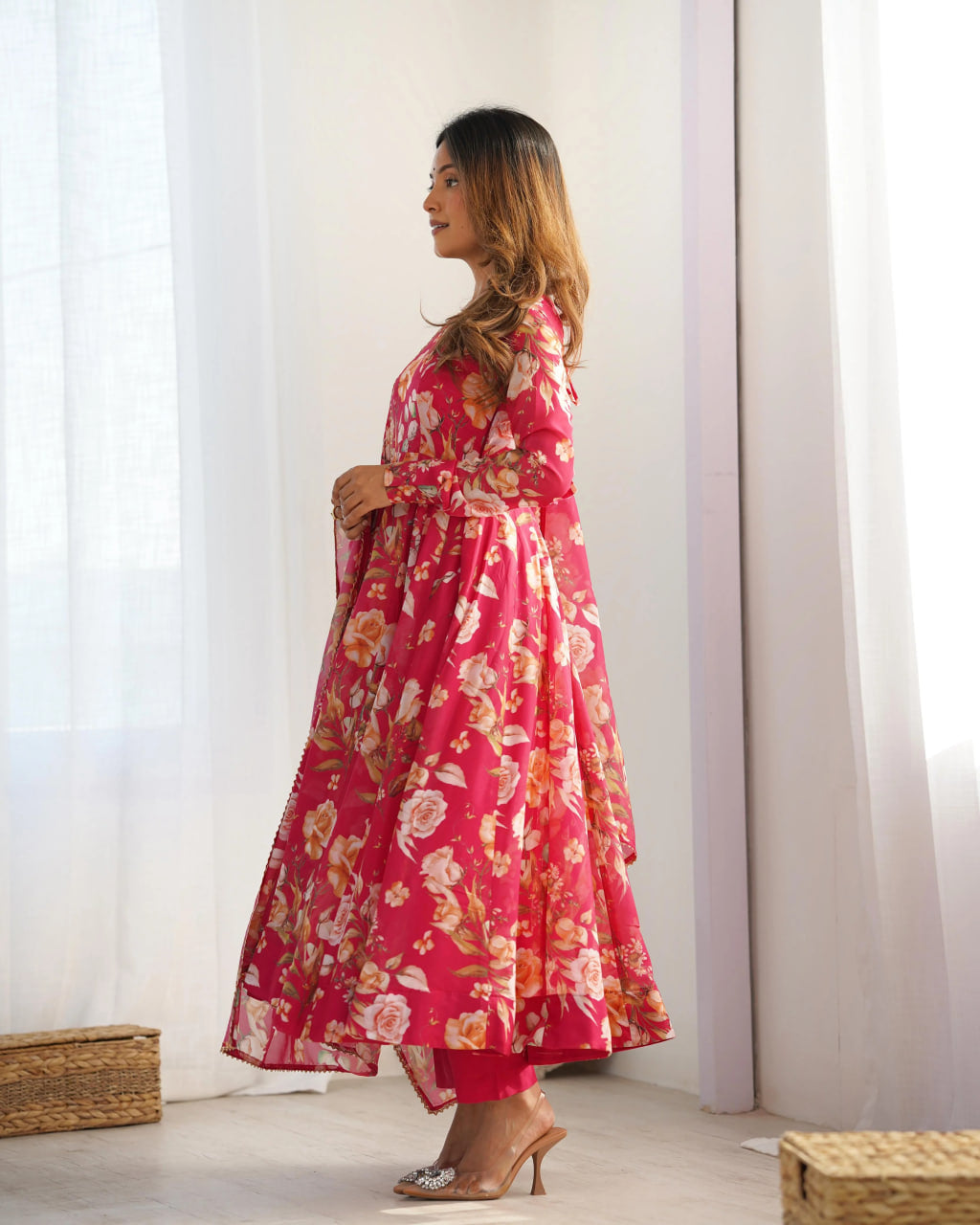 PINK PURE SOFT ORGANZA ANARKALI SUIT SET WITH HUGE FLAIR, DUPATTA & PANT