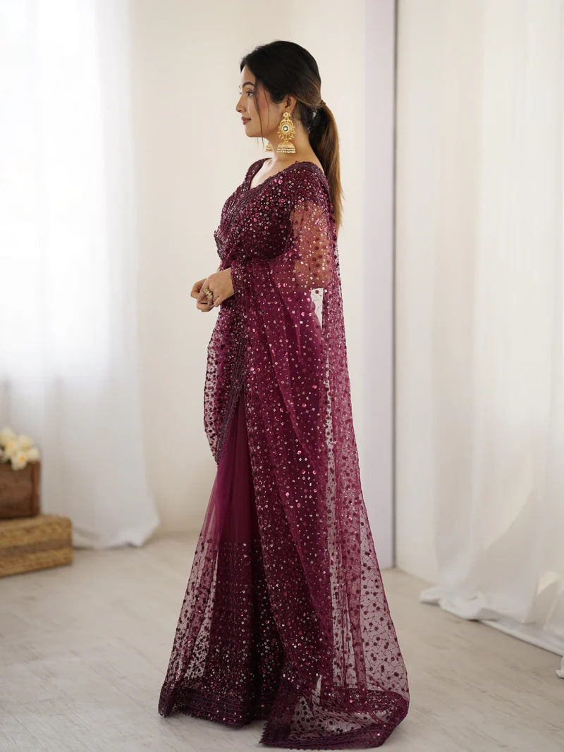 MAROON SOFT NET BEAUTIFUL DESIGNER SAREE