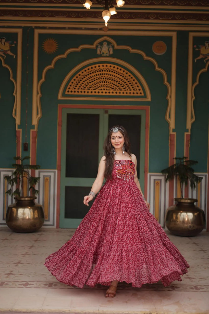 CHERRY RED BANDHANI PRINT 12-METER FLARED GOWN