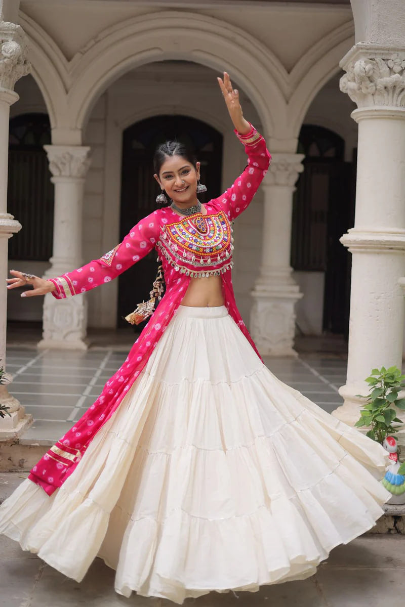NAVRATRI SPECIAL PINK COLOR KORA COTTON BASE STYLISH KURTI WITH LEHENGA