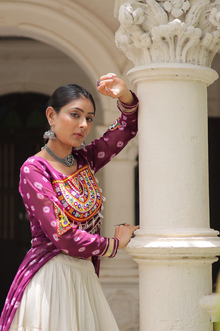 NAVRATRI SPECIAL PURPLE COLOR KORA COTTON BASE STYLISH KURTI WITH LEHENGA
