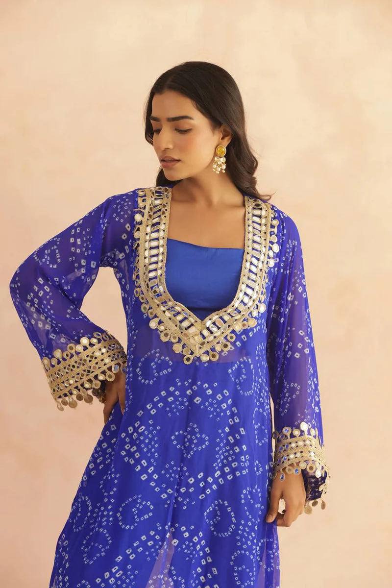 BANDHEJ PRINT MIRROR LACE WORK FUSION KURTI STYLE CO-ORD SET – TRENDY ETHNIC WEAR