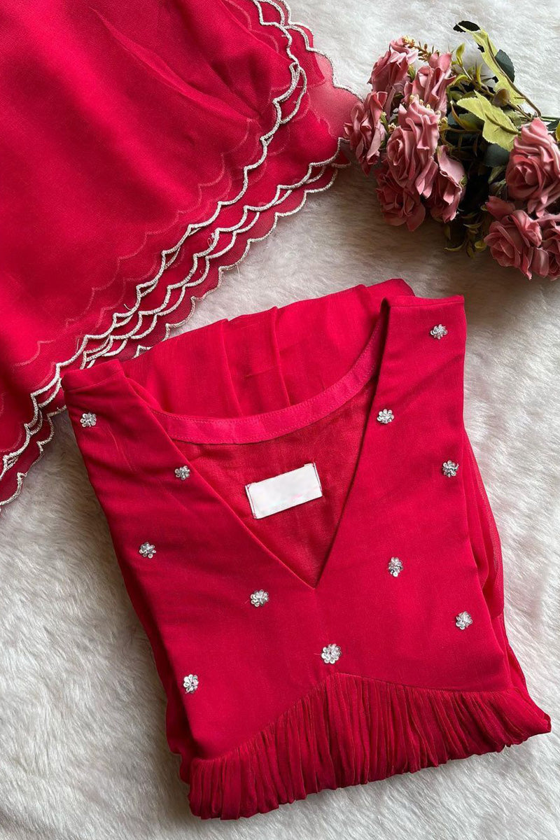 Pinkish Red Embroidered Alia Cut Anarkali Suit