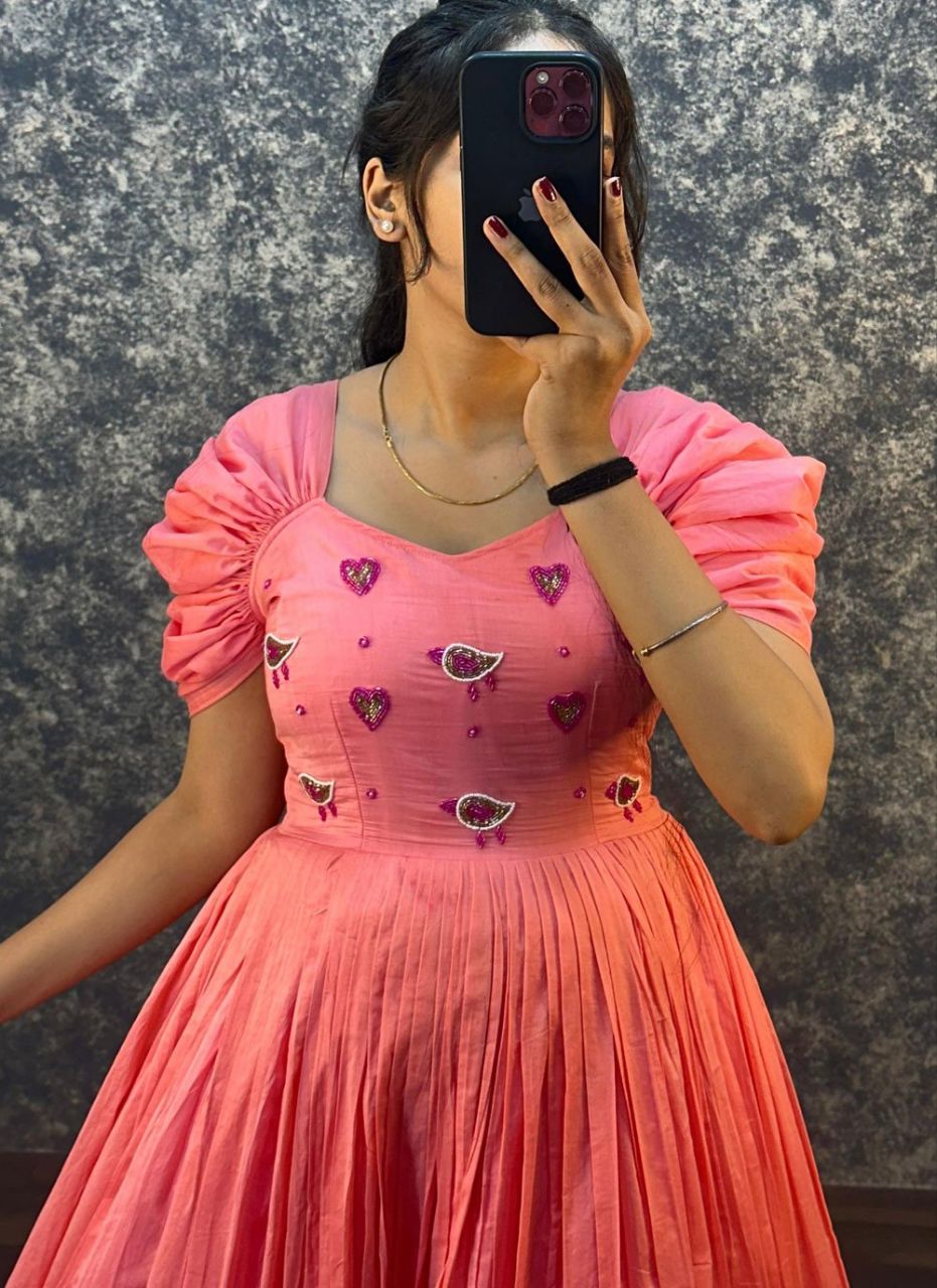 DUAL SHADE DESIGNER LOOK COTTON BASE HANDWORK GOWN