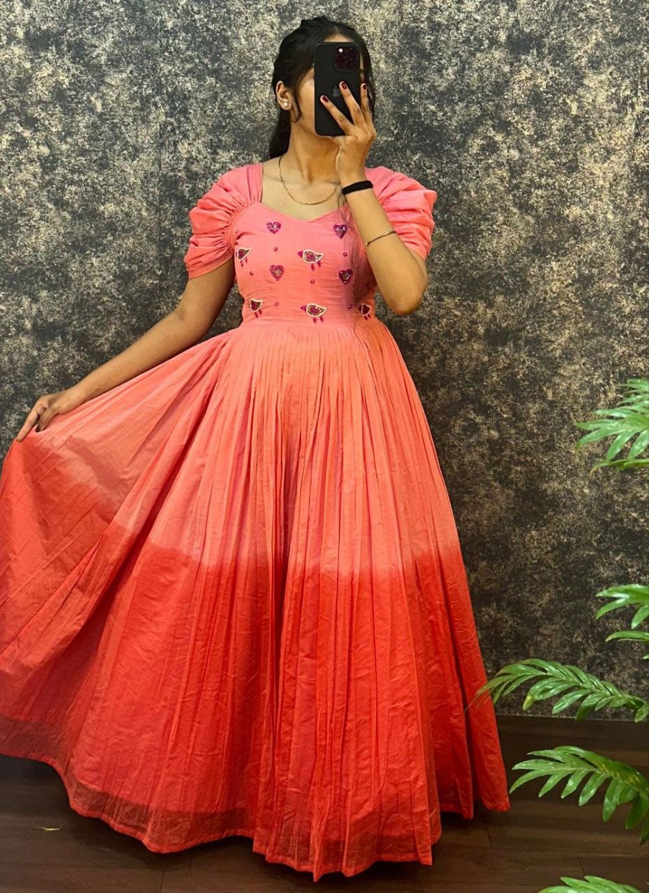 DUAL SHADE DESIGNER LOOK COTTON BASE HANDWORK GOWN
