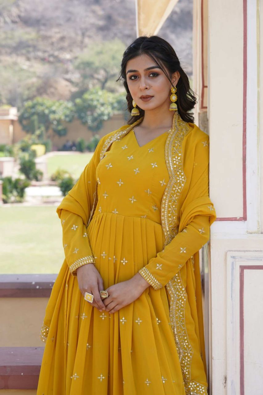 wedding yellow dress YELLOW WEDDING WEAR HEAVY SEQUENCE WORK GOWN WITH DUPATTA – Fabvilla