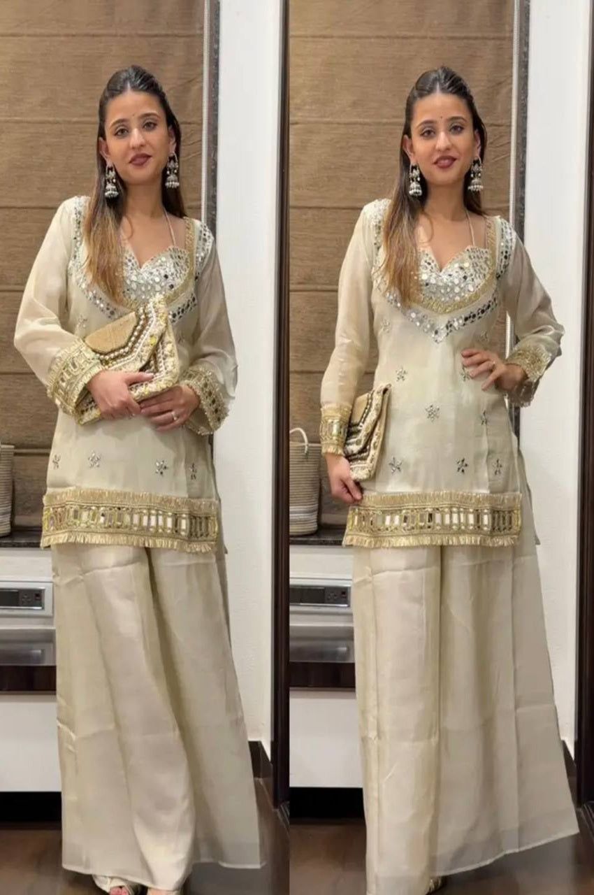 Off White Mirror Work Palazzo Suit