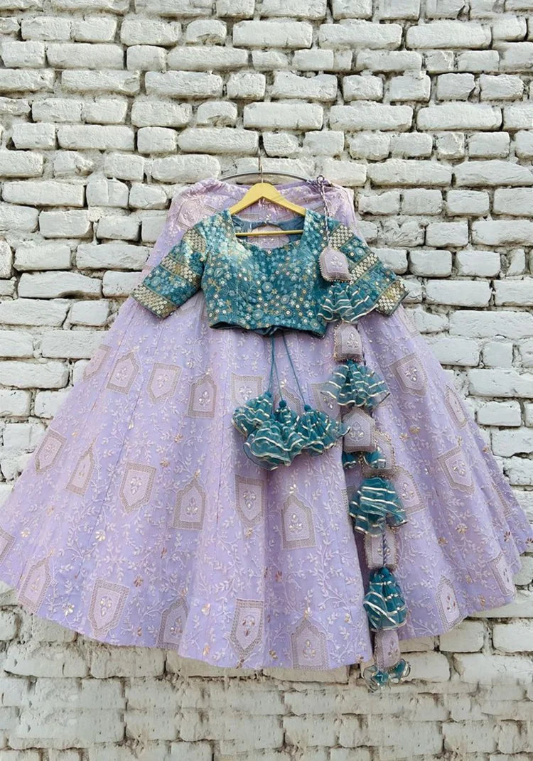 Purple Color Thread Work Lehenga Choli With Contrast Blouse