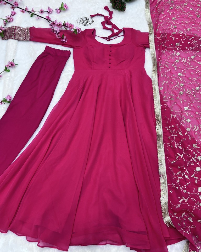 Heavy Georgette Fabric Base Fully Flared Anarkali Suit Set Of 3