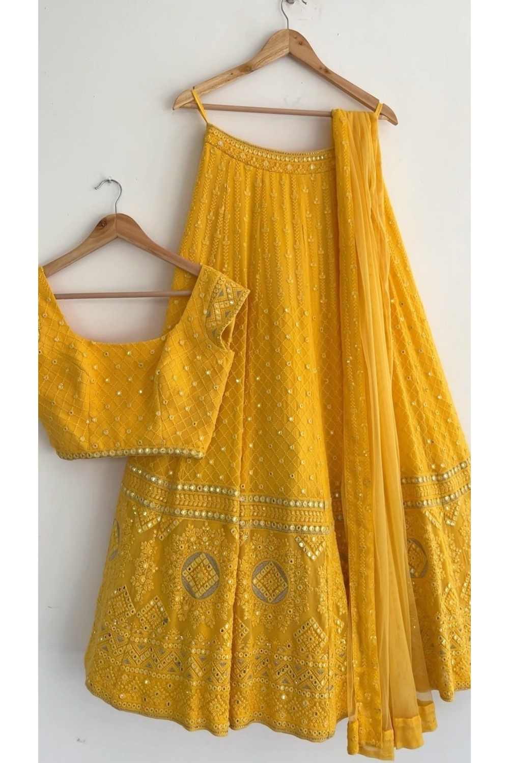 Yellow color Designer Embroidery & Mirror work Lehenga choli for Haldi Function
