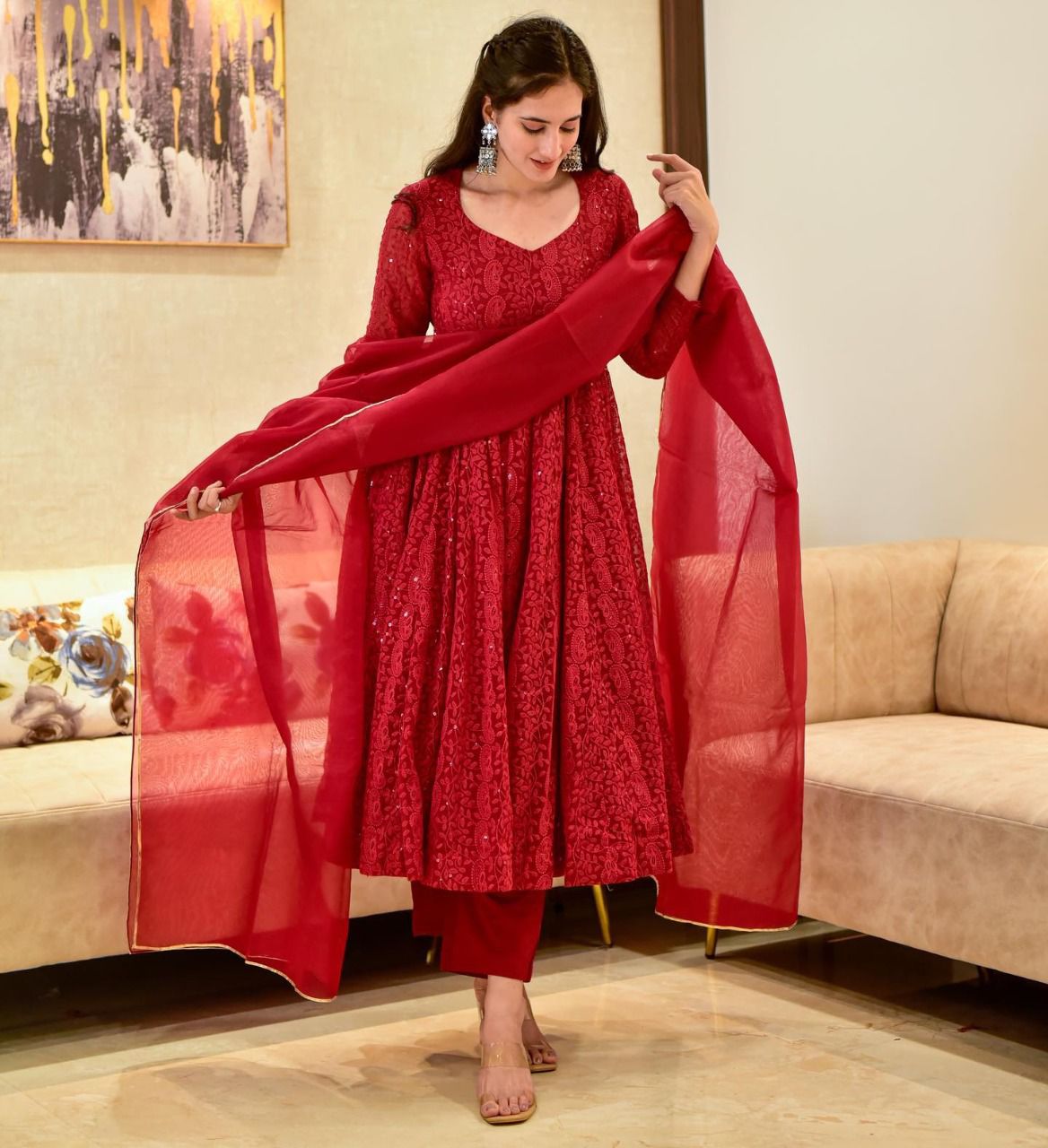Red Color Georgette Fabric Sequins Work Full Sleeves Anarkali Suit
