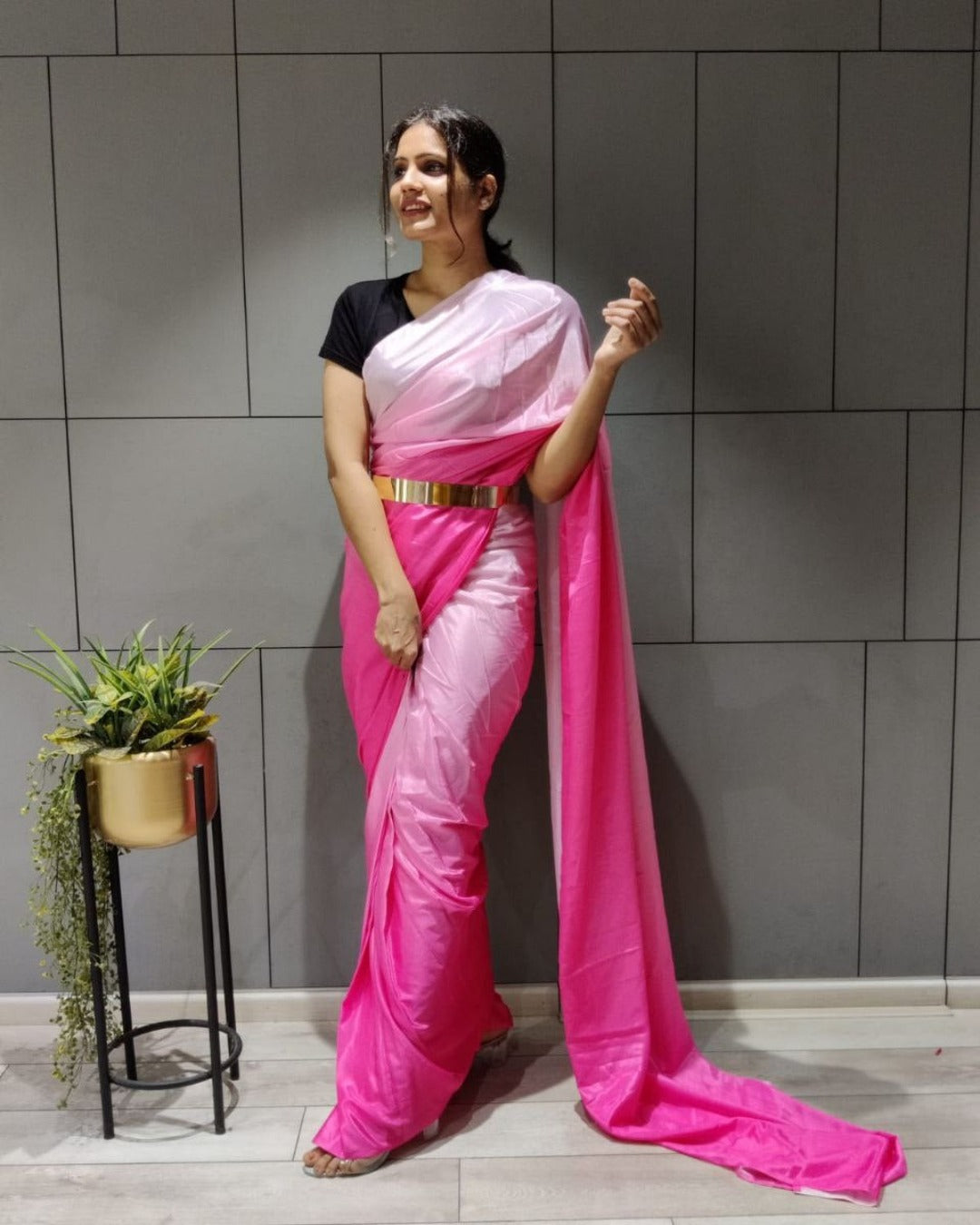 pink pre drape saree 