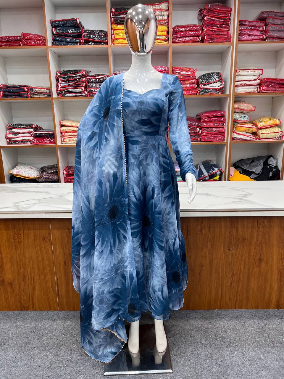 Prussian Blue Color Chiffon Base Summer Wear Anarkali Suit With Churidar Set Of - 3