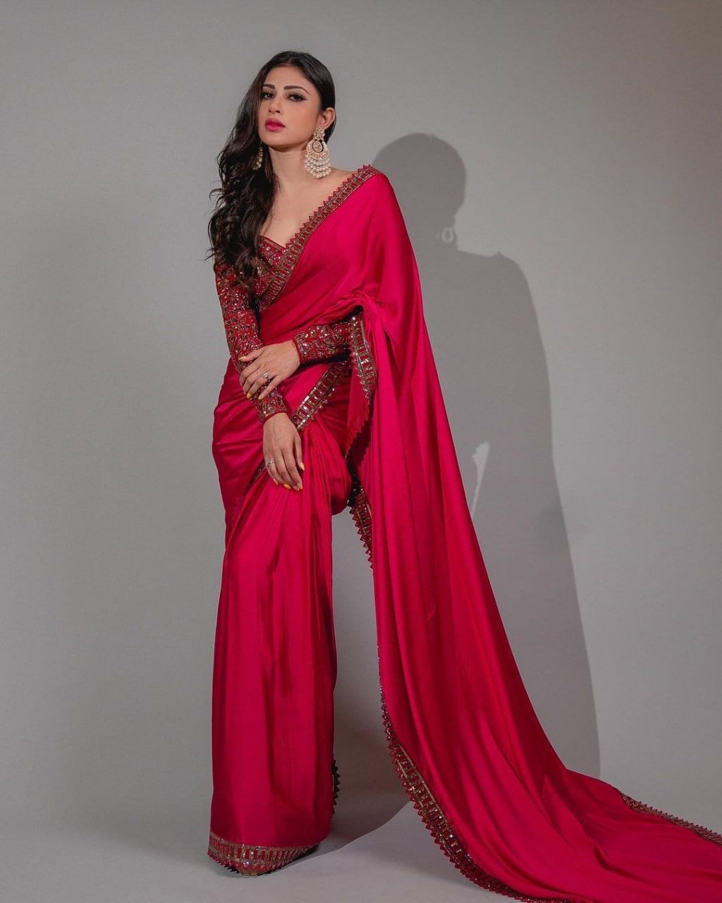 Mouni Roy Maroon Color Silk Base Embroidery Work Saree