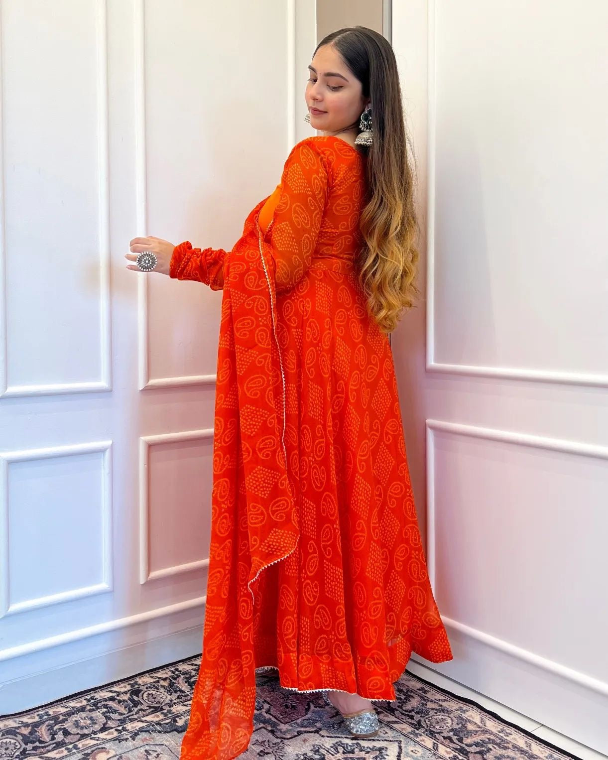 Juicy Orange Premium Georgette Base Bandhani Digital Print Work Anarkali Suit Set Of Three