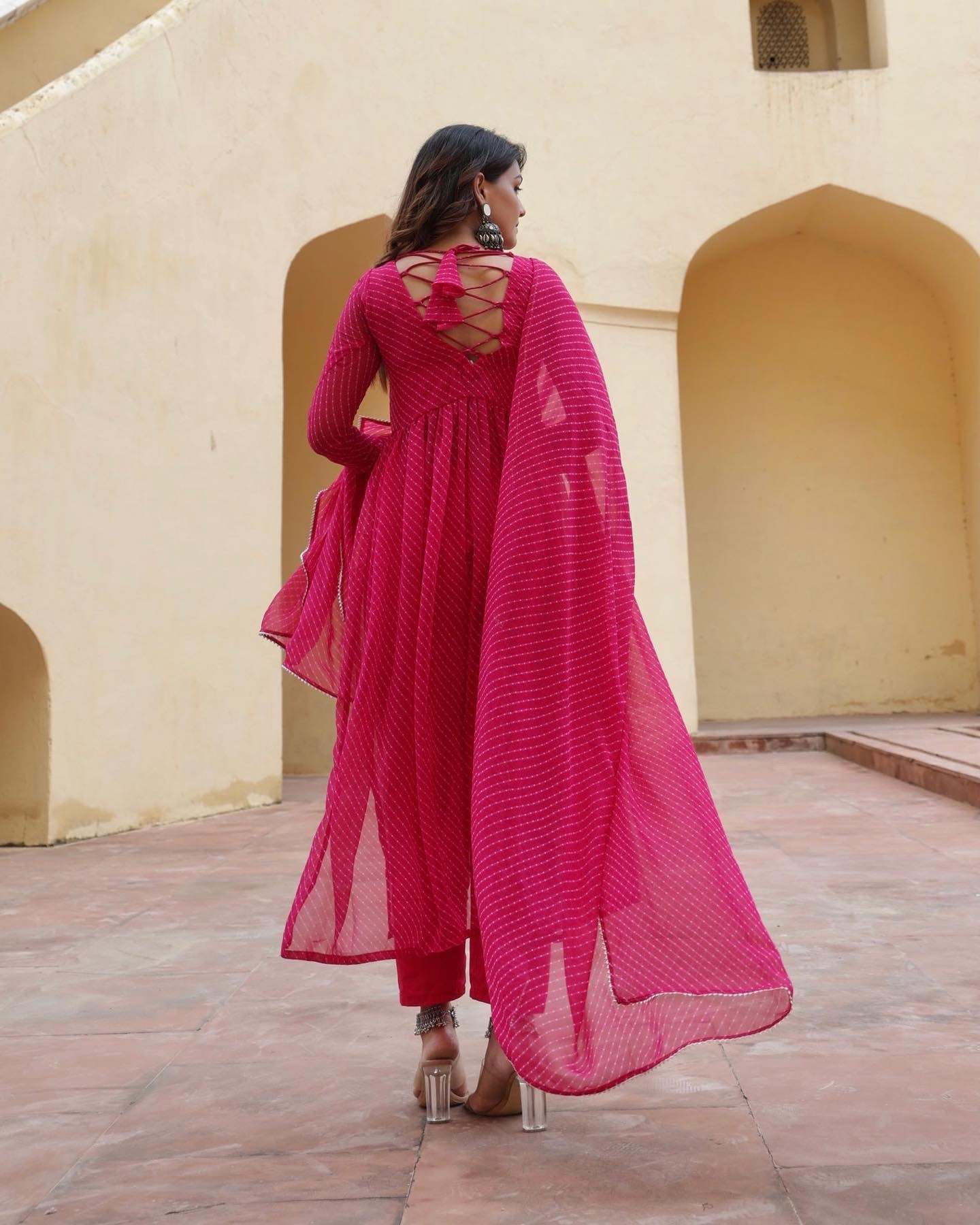 Romantic Pink Royal Georgette Base Bandhani Digital Print Work Anarkali Suit Set Of Three