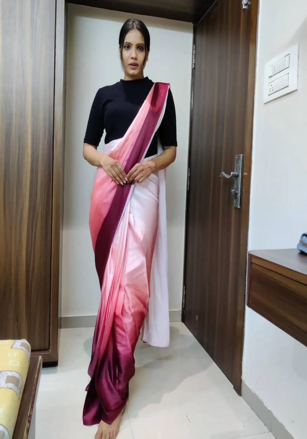 Pink Shadding Satin Ready To Wear Saree