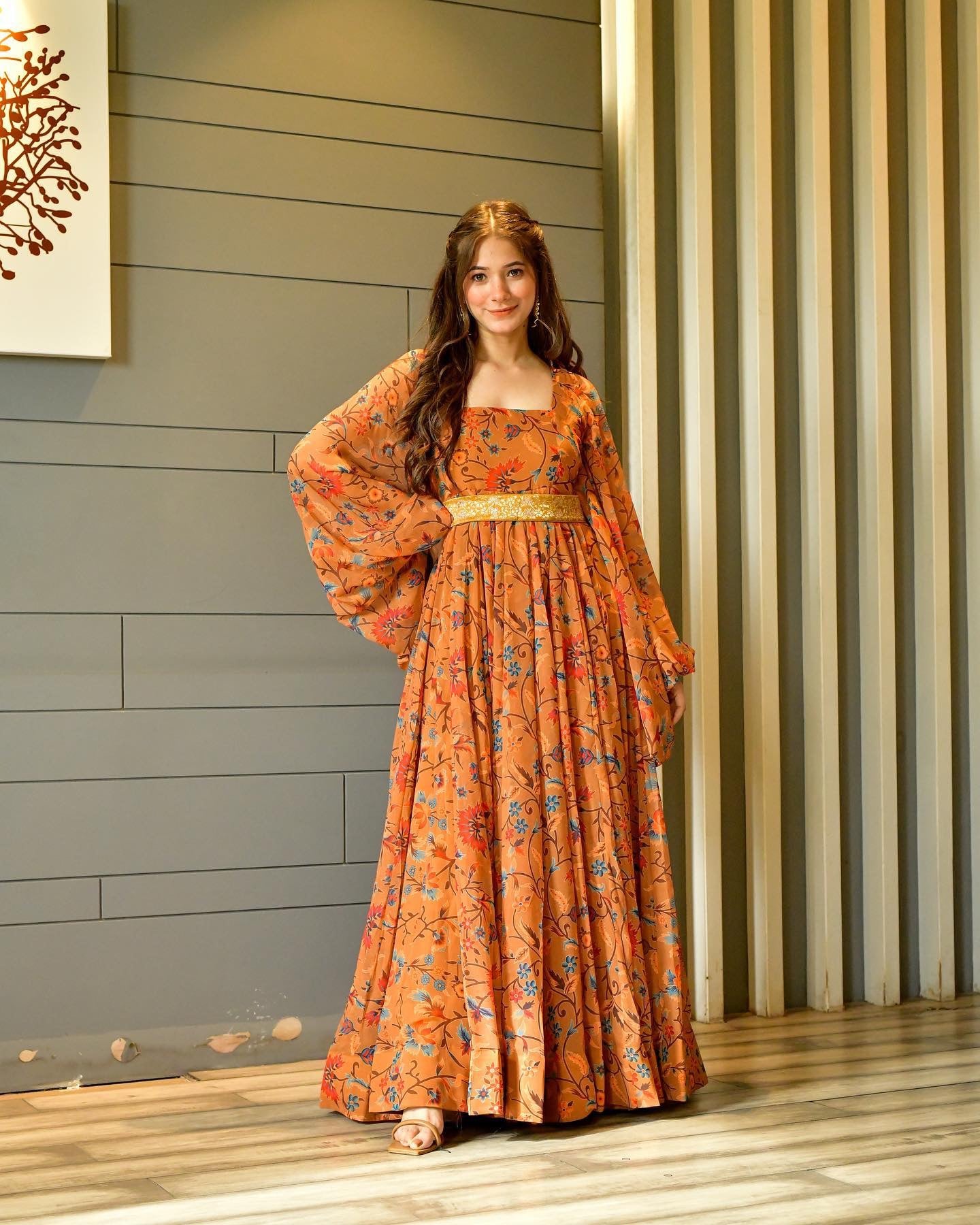 Orange Maxi Dress with Digital Print and Embroidery Work